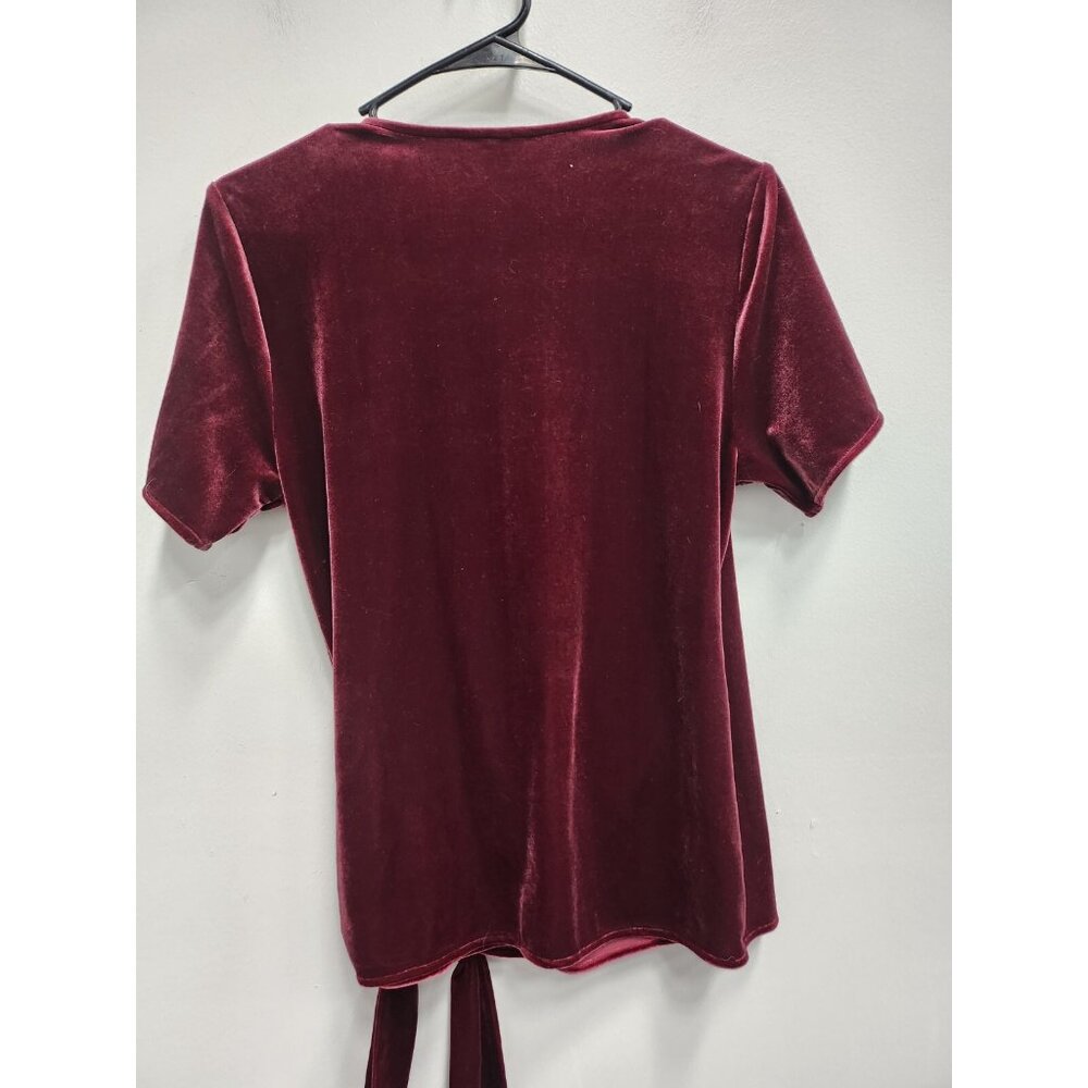 Ann Taylor Womens Velvet Wrap Top Small Maroon Tie Hem Short Sleeve Whimsygoth - Picture 5 of 7